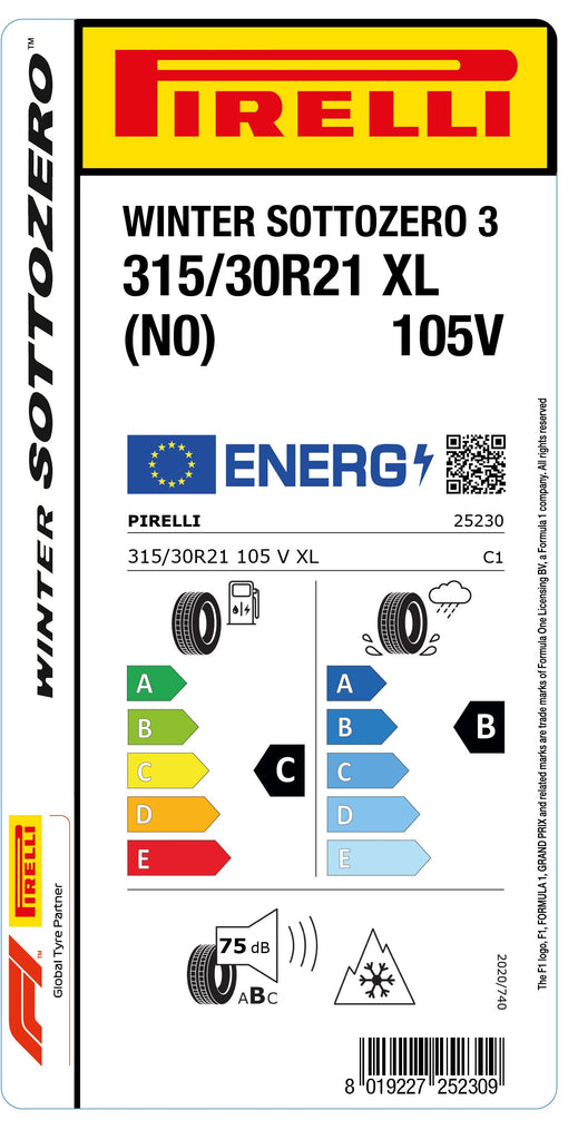 1x Pirelli WINTER SOTTOZERO 3 M+S 3PMSF XL (N0) 315/30 R 21 CAR WINTER TIRE