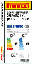 Load image into Gallery viewer, 1x Pirelli SCORPION WINTER M+S 3PMSF XL RB (MGT) 265/40 R 21 SUV &amp; 4x4 WINTER TIRE