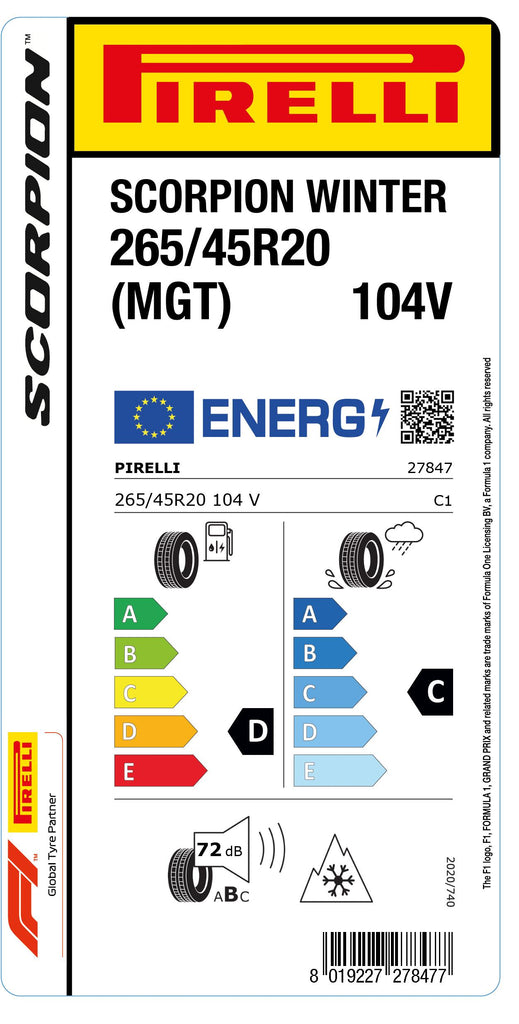 1x Pirelli SCORPION WINTER M+S 3PMSF RB (MGT) 265/45 R 20 SUV &amp; 4x4 WINTER TIRE