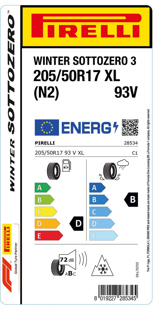 1x Pirelli WINTER SOTTOZERO 3 M+S 3PMSF XL (N2) 205/50 R 17 PKW-WINTERREIFEN