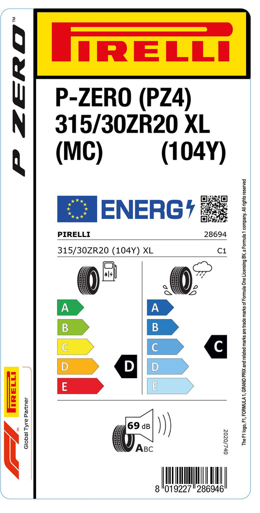 1x Pirelli P-ZERO (PZ4) Sports Car XL (MC) 315/30 ZR 20 PKW-SOMMERREIFEN