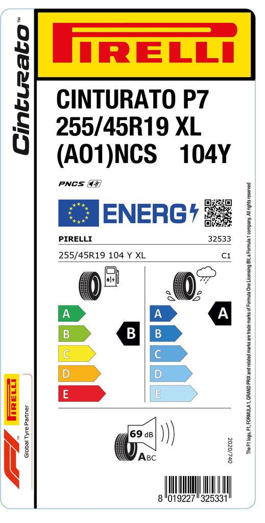 1x Pirelli CINTURATO P7 XL (AO1) PNCS 255/45 R 19 PKW-SOMMERREIFEN